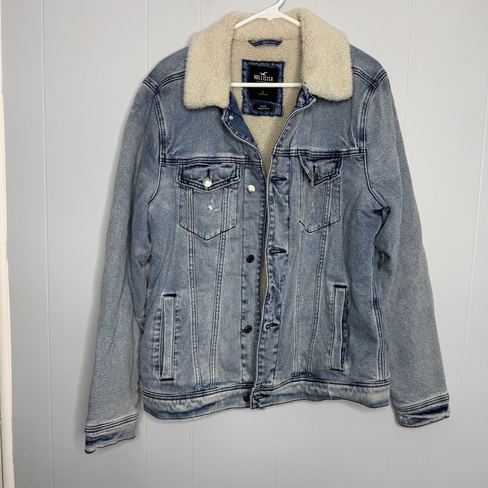 Abercrombie & Fitch Sherpa Lined Denim Trucker Jacket Mens Large Jean Coat - Picture 1 of 14